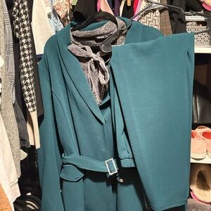 Teal Belted Blazer and Pants Set w/ Silver Shimmering Blouse